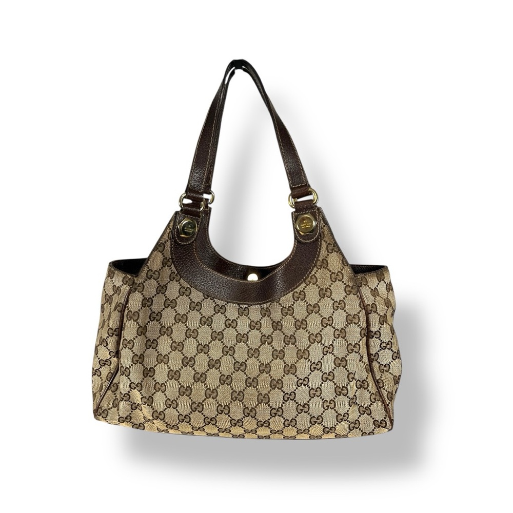Gucci GG Canvas Jacquard Shoulder Bag, Brown Leather Trim Handbag, 154982